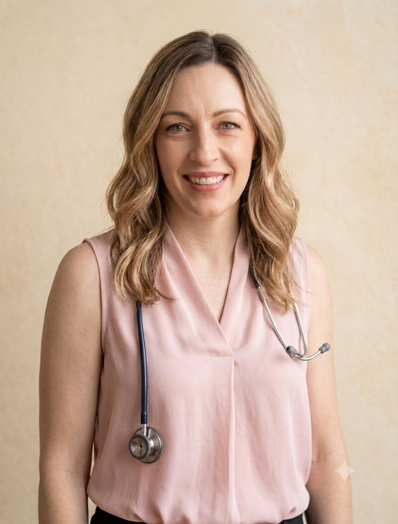 Dr Kathryn Mayer smiling, wearing a stethoscope